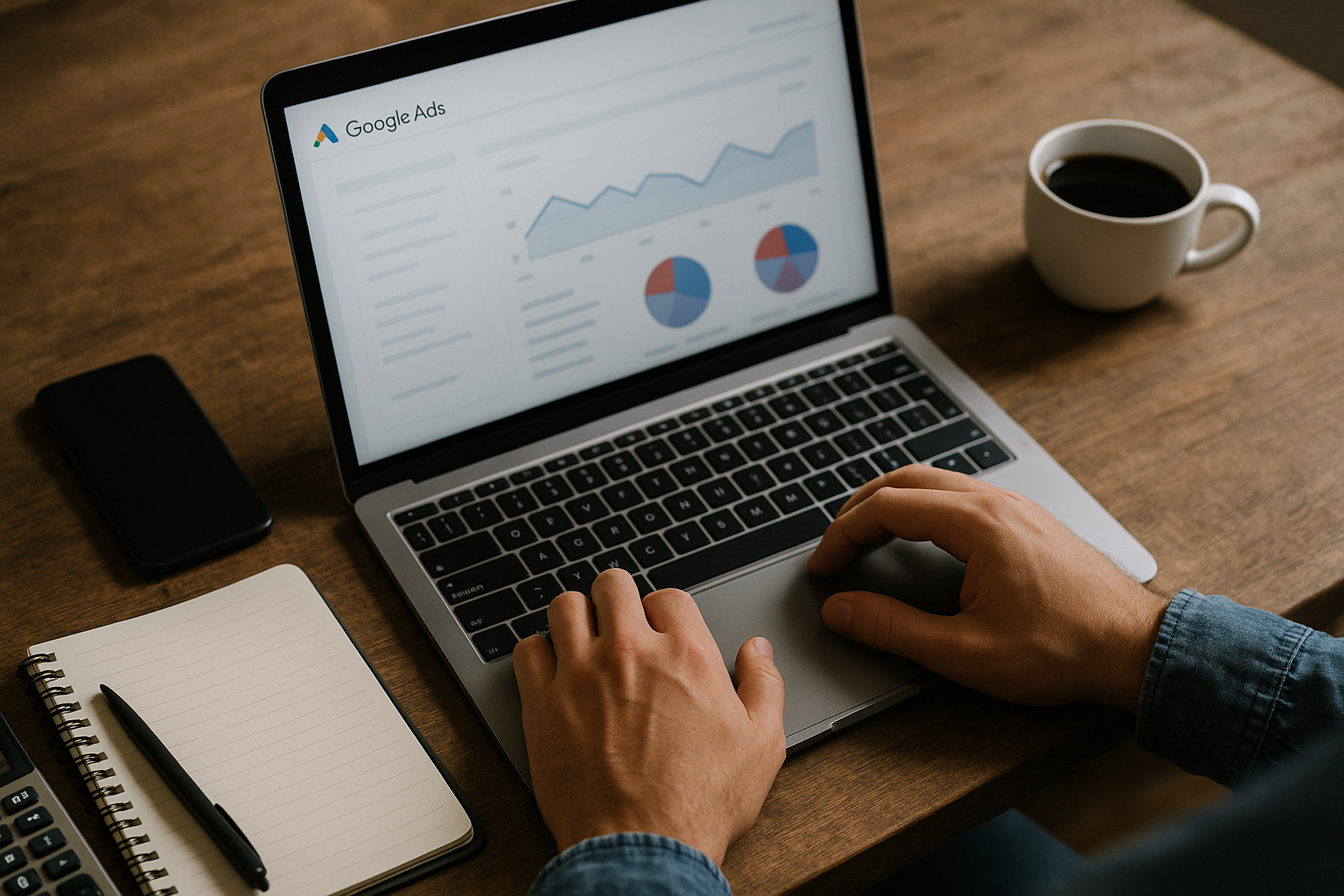 Planificación de campaña de Google Ads en Argentina desde una notebook con métricas y análisis