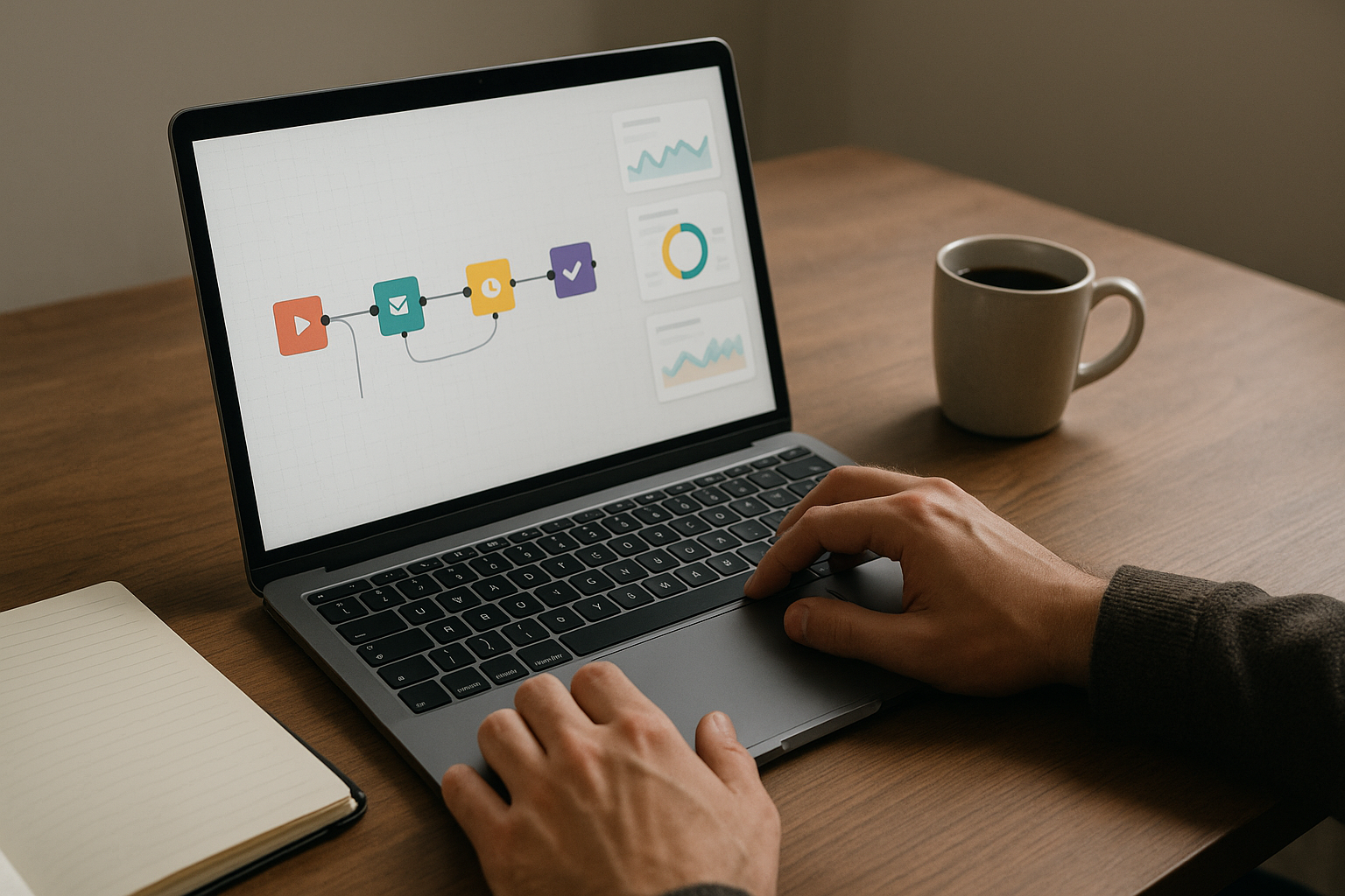 Flujo visual de automatización tipo nodos para procesos de marketing digital