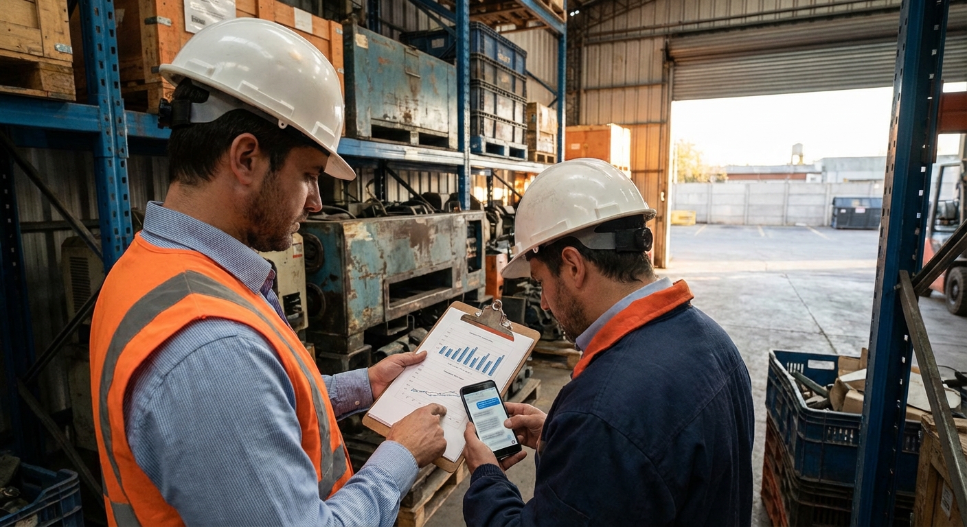 Equipo industrial revisando resultados de marketing y leads comerciales en un depósito
