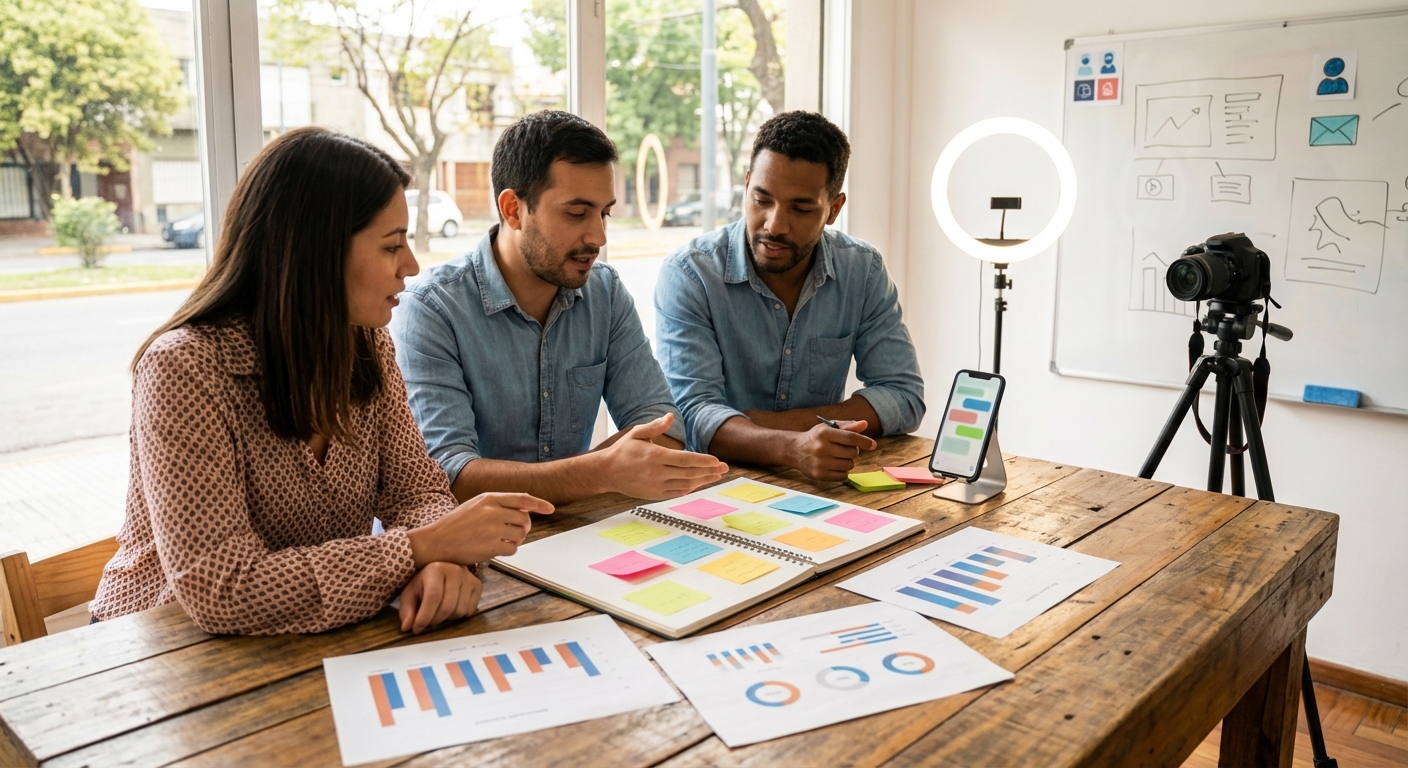 Equipo planificando estrategia de marketing digital con notas, métricas y contenido multicanal
