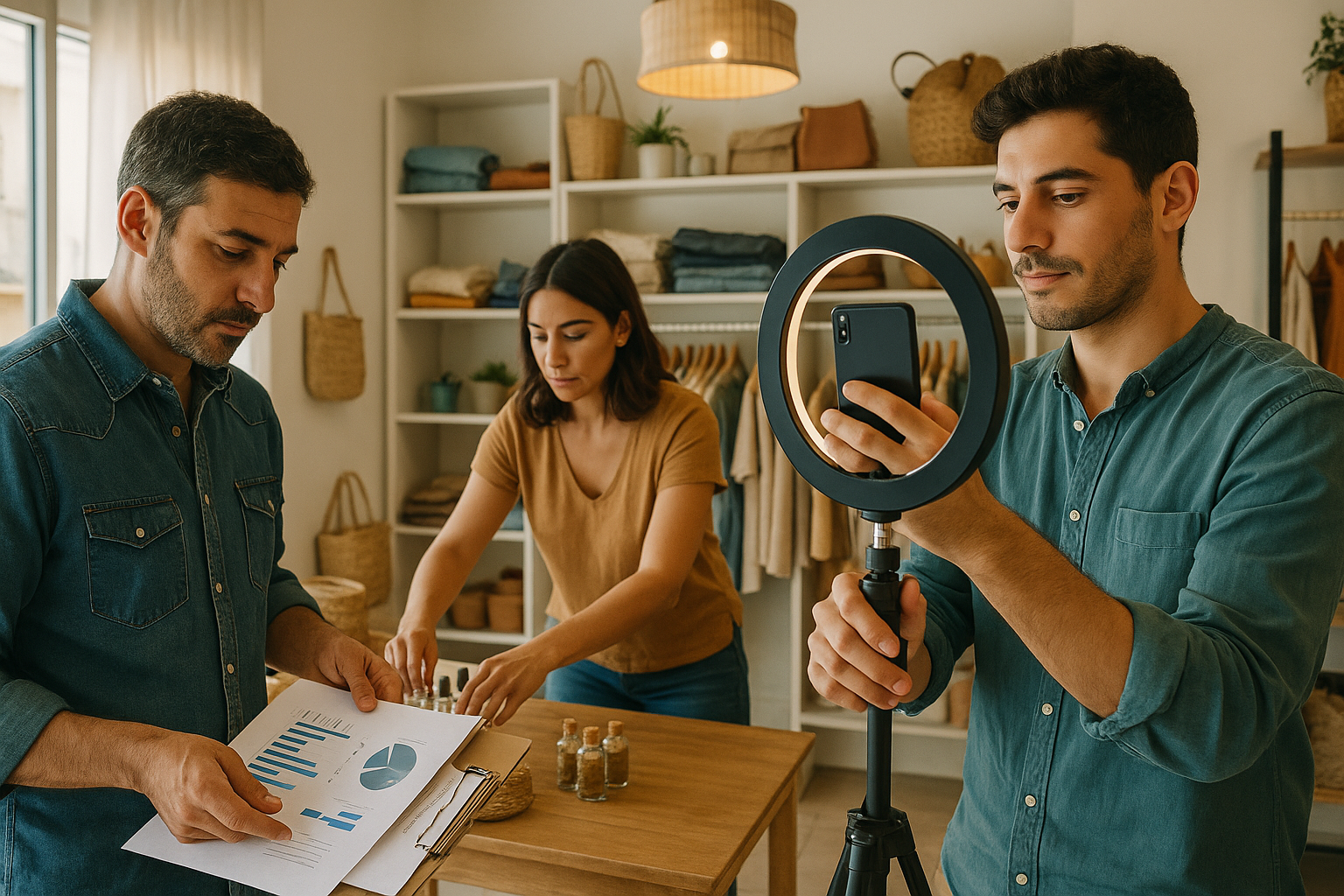 Equipo de pyme argentina creando contenido para redes sociales con celular, trípode y métricas impresas