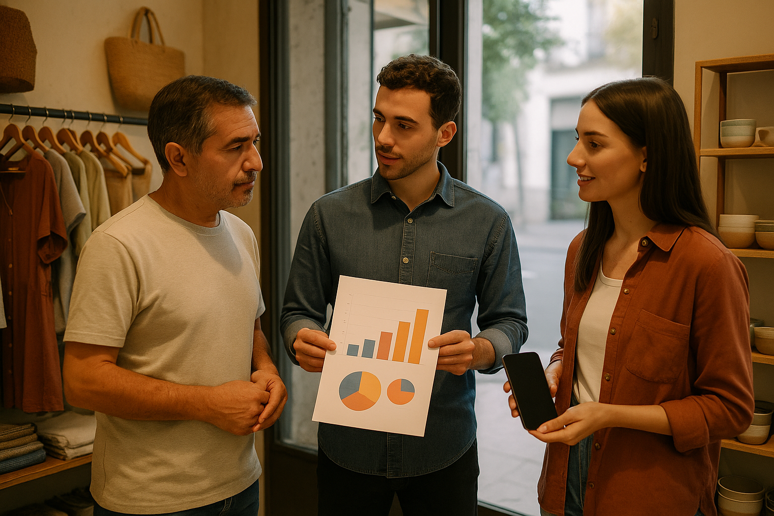 Dueño de comercio local con equipo de agencia integral revisando estrategia de marketing dentro del negocio