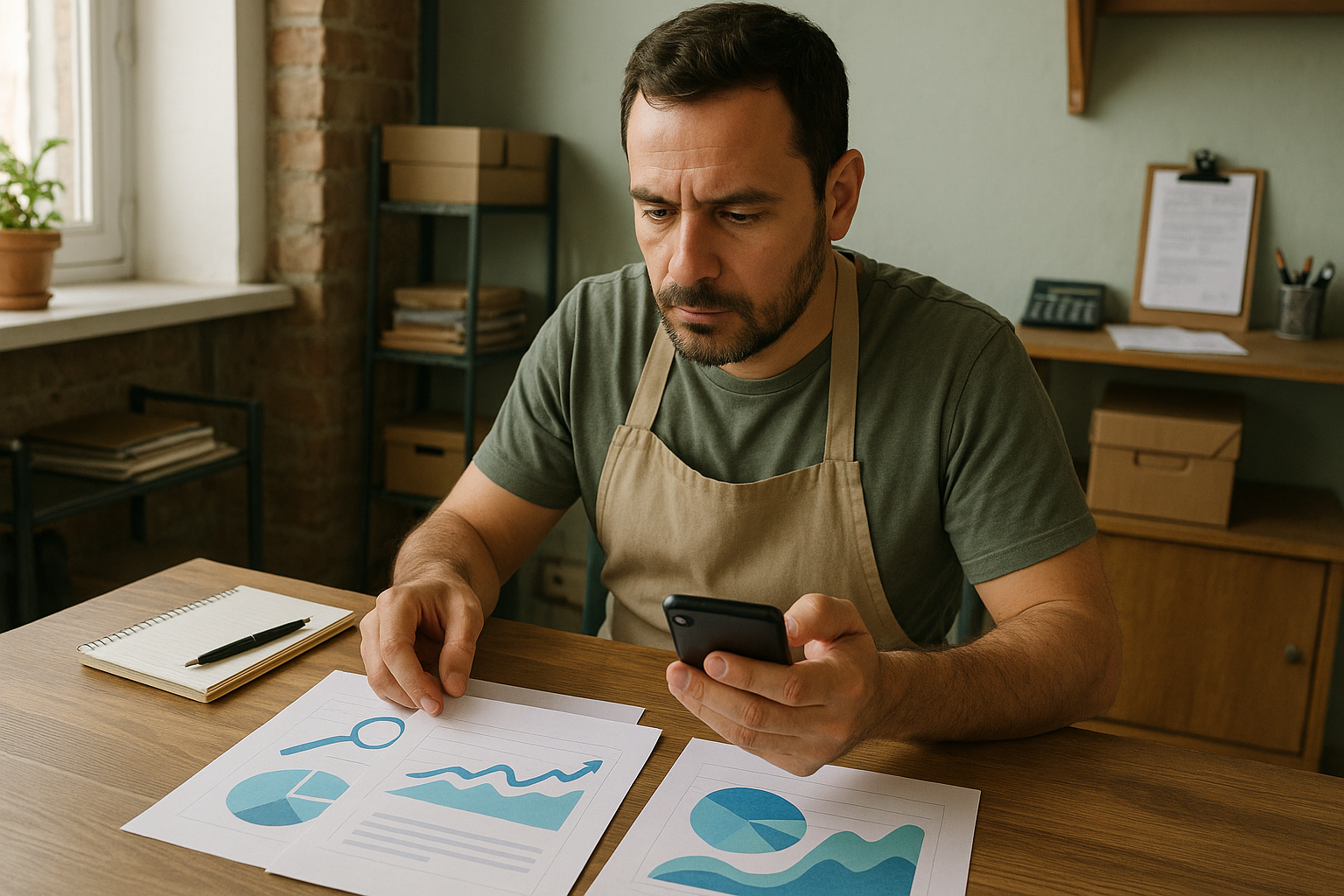 Dueño de pyme revisando materiales de estrategia SEO y visibilidad en Google