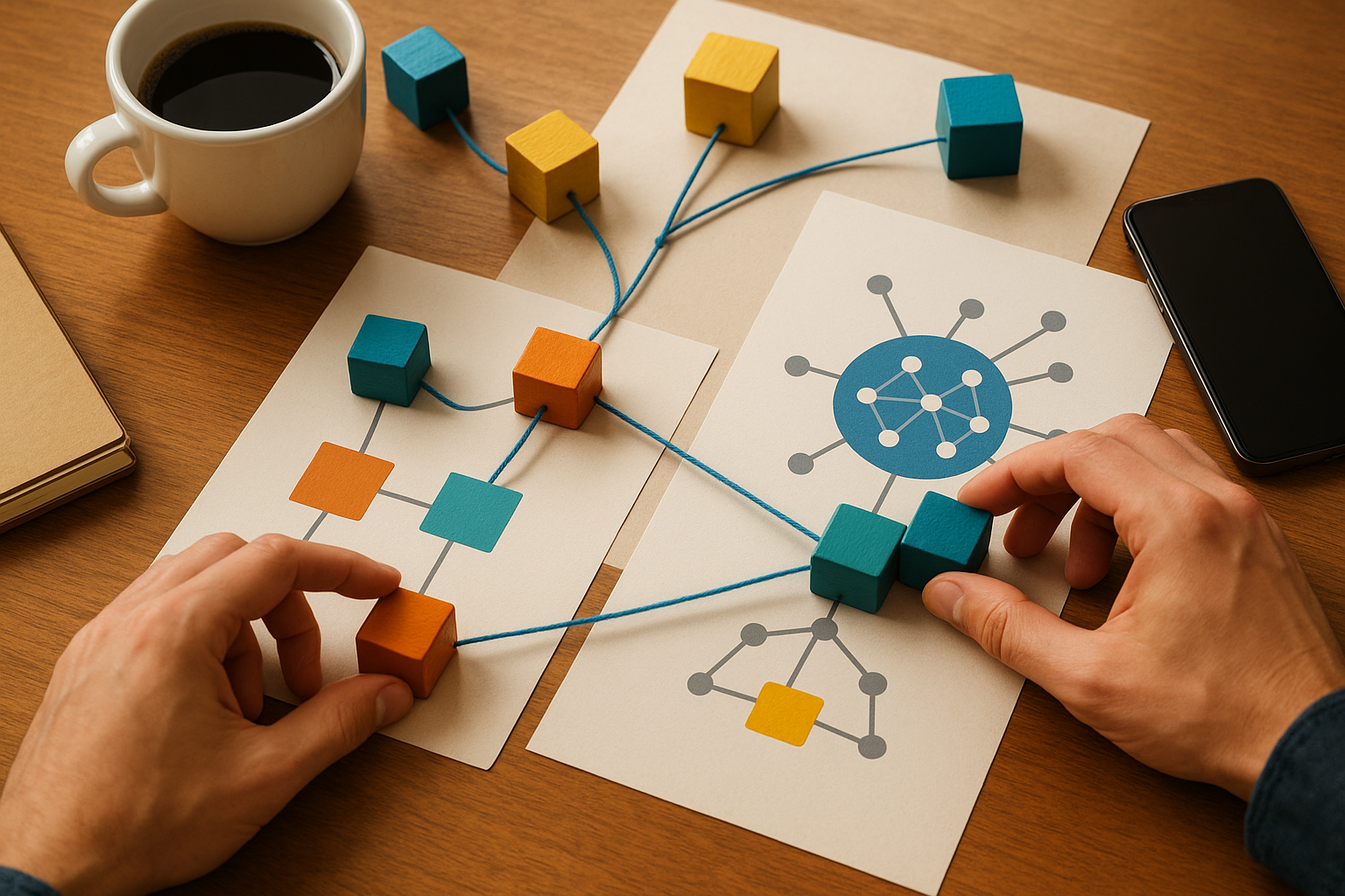 Bloques y conexiones representando la relación entre SEO on page y off page