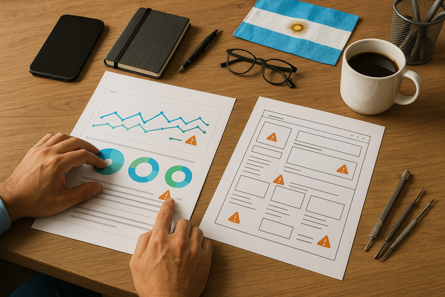 Materiales de diagnóstico técnico para auditoría SEO con alertas y gráficos abstractos