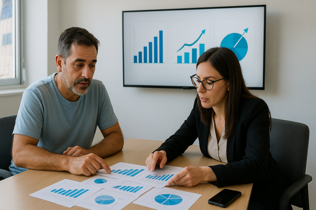Dueño de pyme y estratega revisando resultados reales de marketing digital con reportes y gráficos