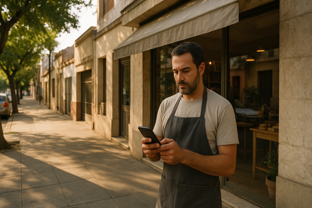 Comerciante en una calle de Córdoba revisando consultas locales desde su negocio