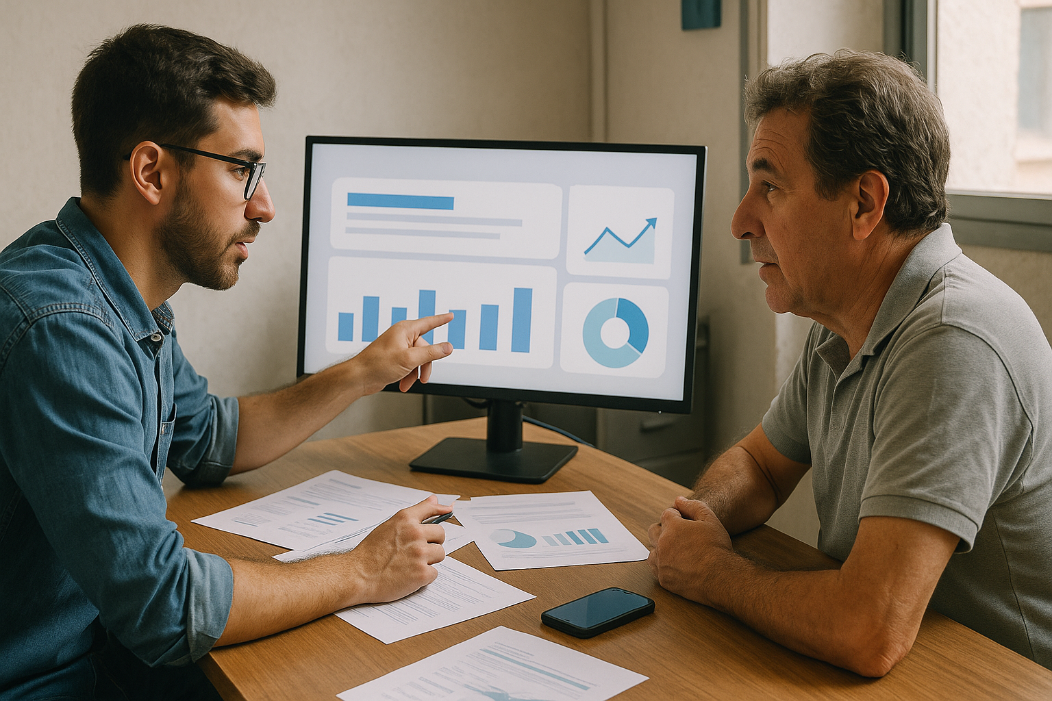 Especialista y dueño de pyme revisando resultados de campañas de Google Ads con reportes y monitor