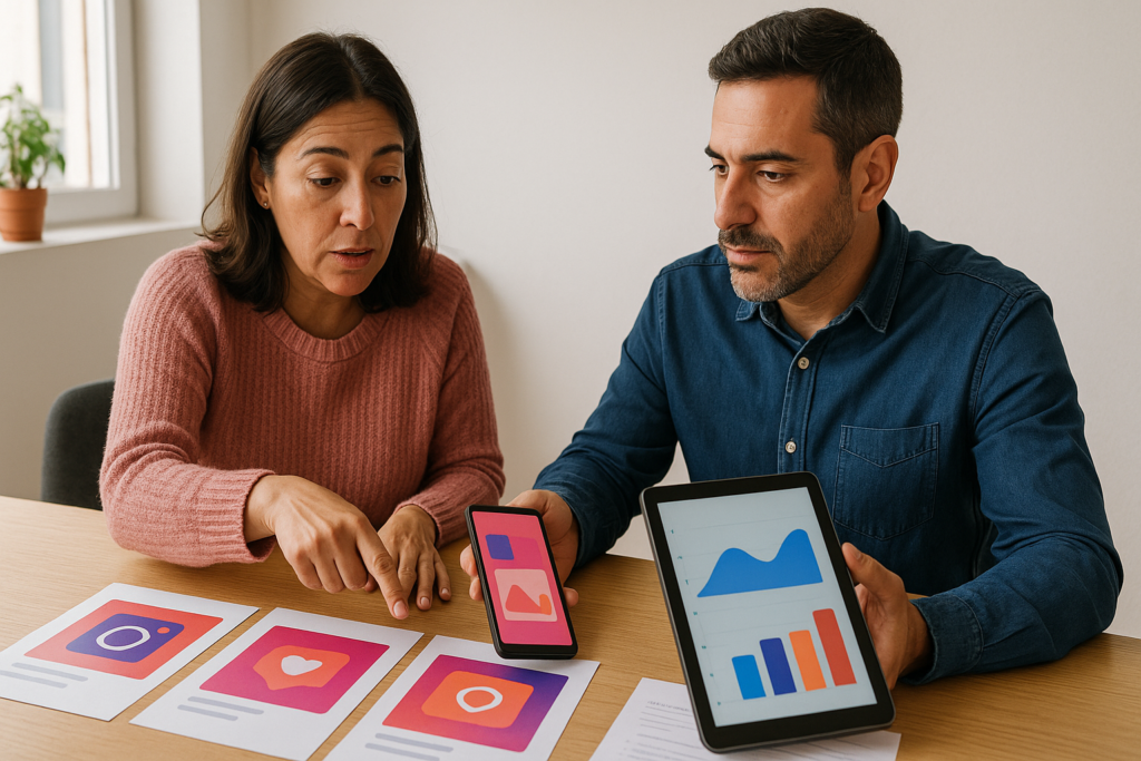 Equipo revisando creativos y resultados de campañas de Meta Ads con piezas sociales y métricas visuales