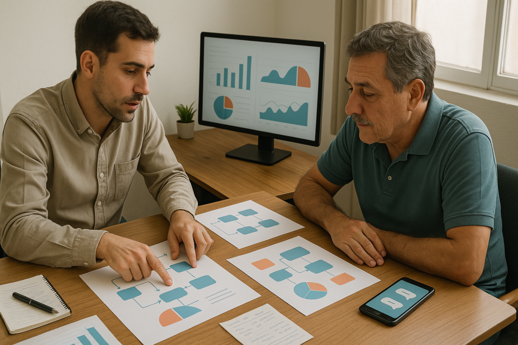 Estratega y dueño de pyme revisando un plan de publicidad digital con métricas y canales integrados