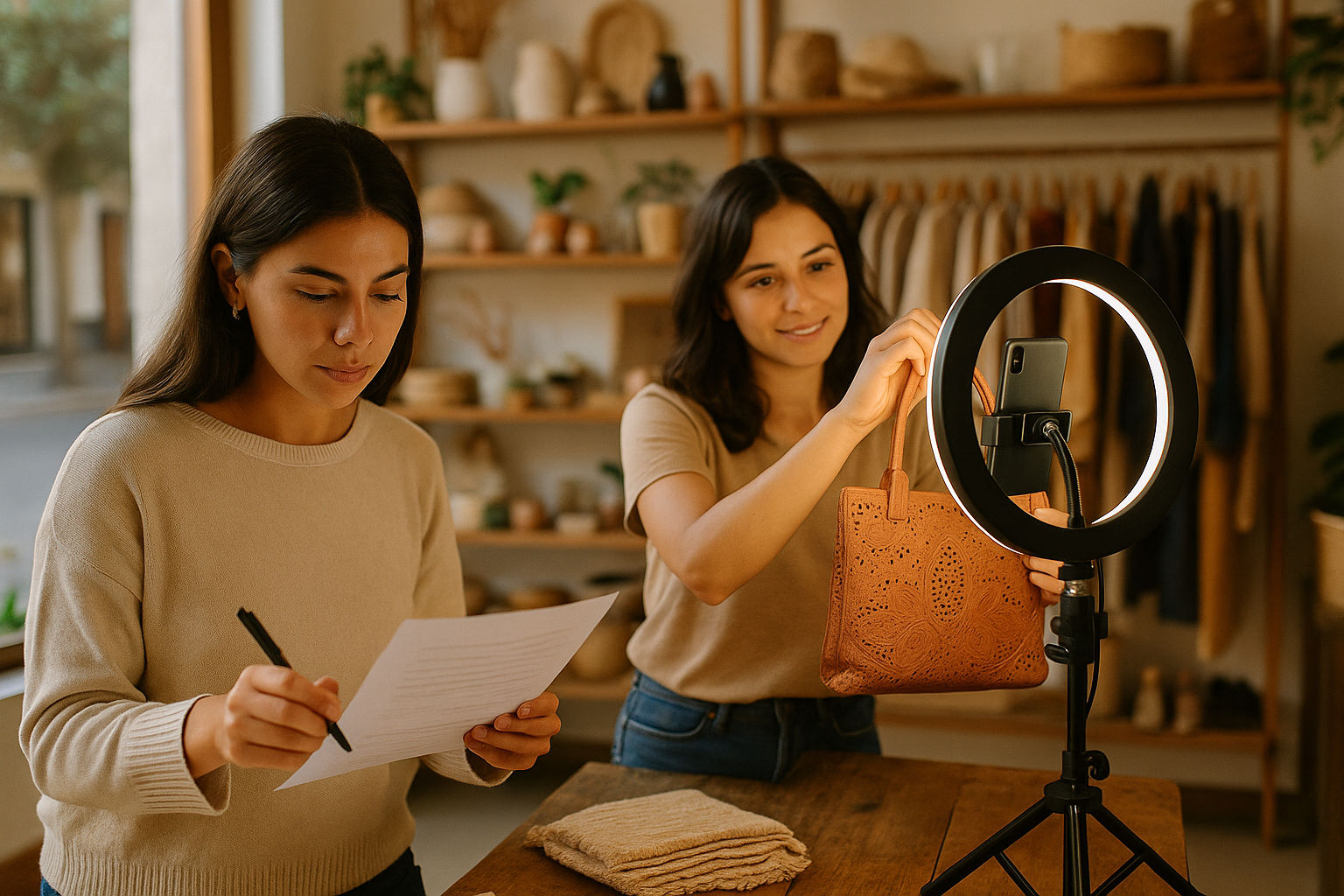 Equipo creando contenido para redes sociales en un local comercial con celular, ring light y checklist de publicaciones