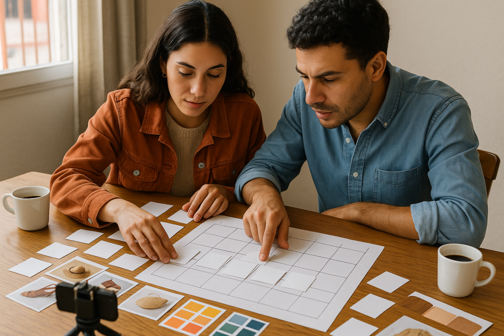 Equipo organizando tarjetas, fotos de producto y un calendario de contenido sobre una mesa de trabajo