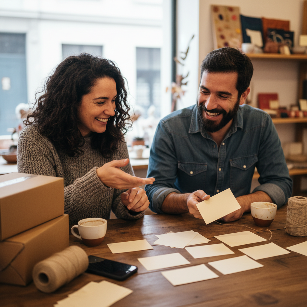 Dos emprendedores revisando tarjetas de feedback y conversando sobre su comunidad online en un entorno de trabajo