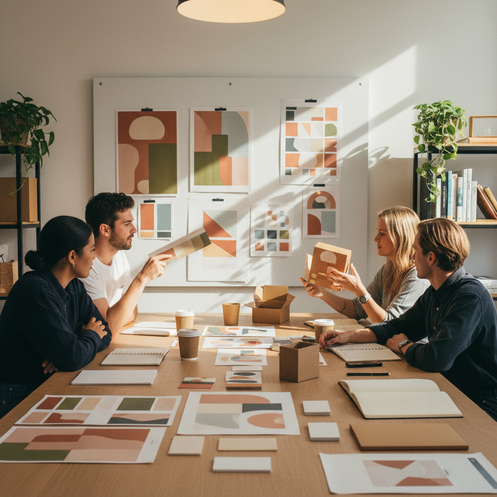 Equipo creativo revisando piezas de identidad visual y branding en una mesa de trabajo
