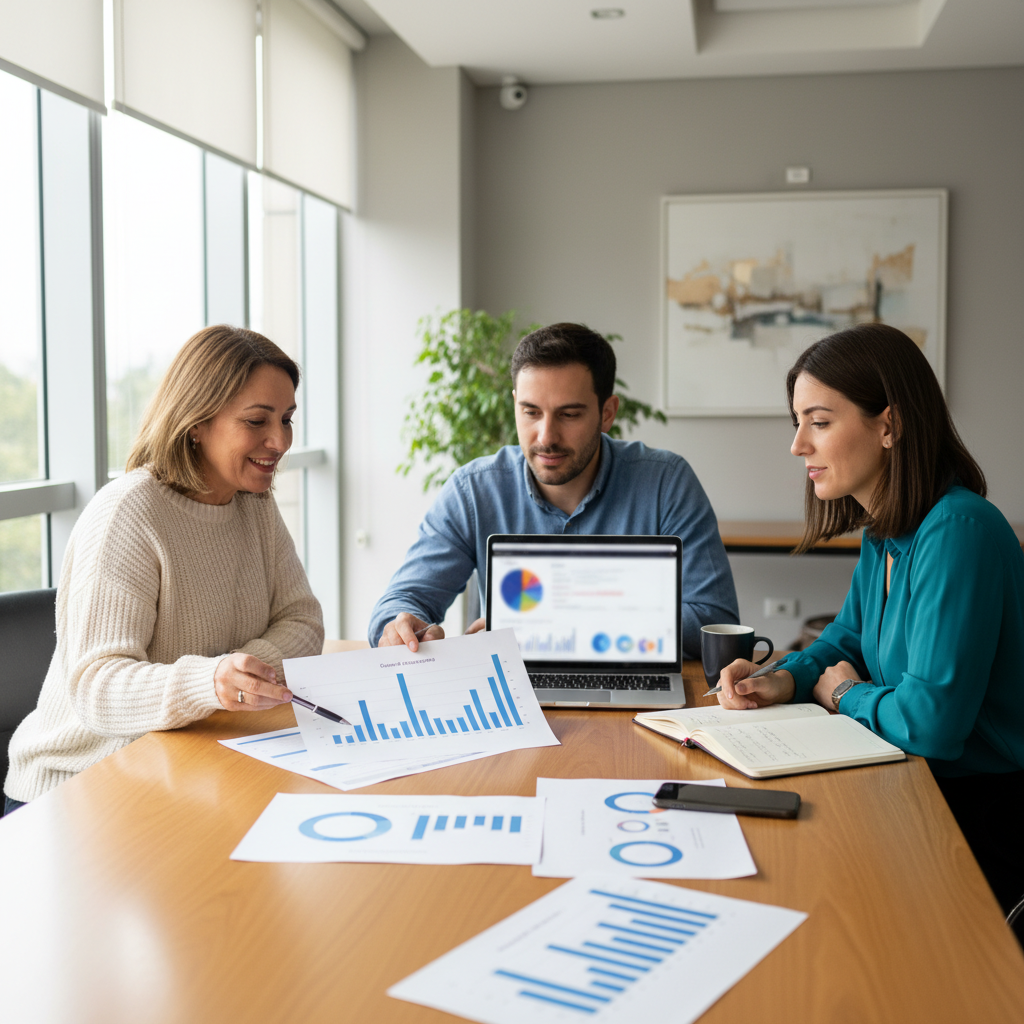 Dueño de pyme argentina revisando estrategia digital con equipo de agencia y métricas comerciales