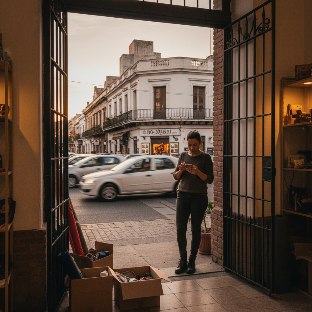 Comerciante de Cordoba Capital frente a su local revisando pedidos y estrategia digital desde el celular mientras circula gente por la ciudad