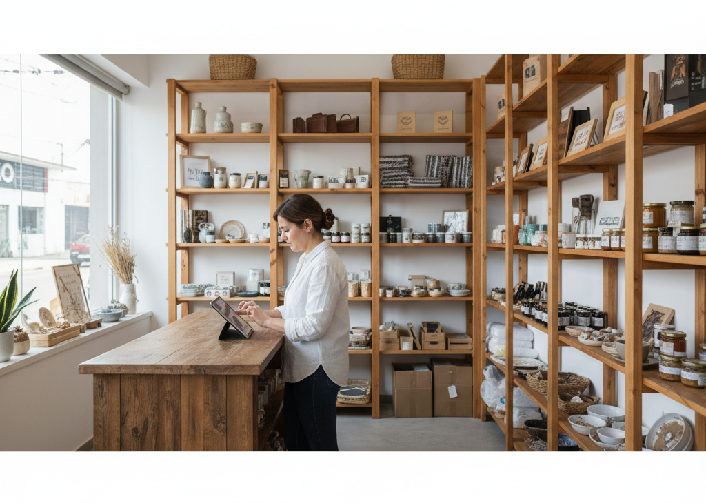 Dueña de pyme de Córdoba revisando pedidos, stock y mensajes desde una tablet dentro de su negocio con estanterías y movimiento comercial alrededor