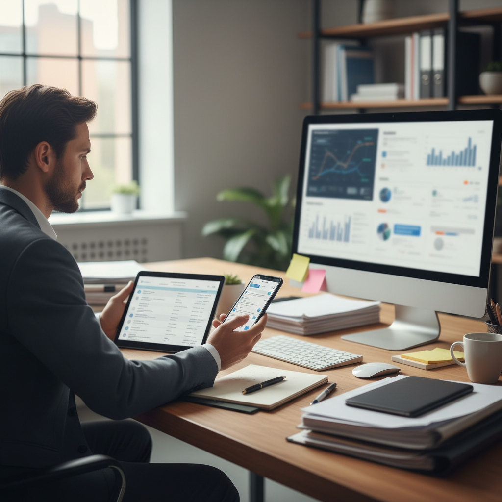 Responsable comercial revisando oportunidades de venta y mensajes de clientes en un espacio de trabajo con pedidos, productos y pantalla de seguimiento comercial