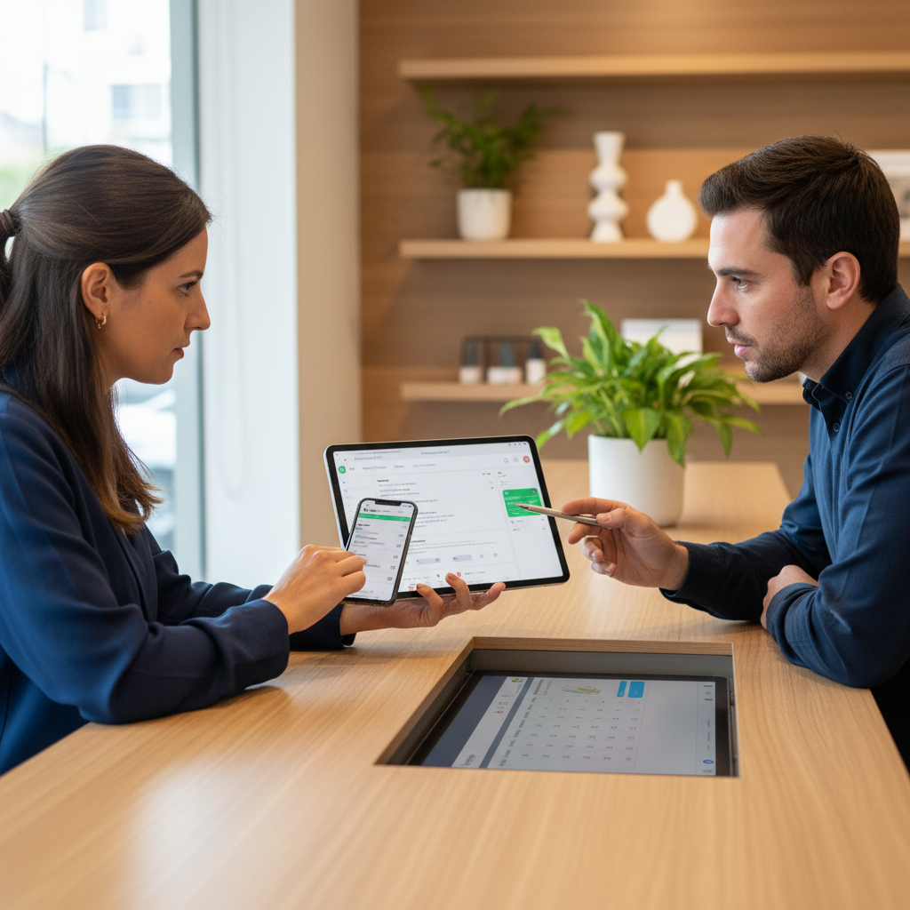 Equipo de atencion y ventas coordinando consultas de clientes entre mostrador, chat de WhatsApp y sistema de gestion en un negocio de Cordoba