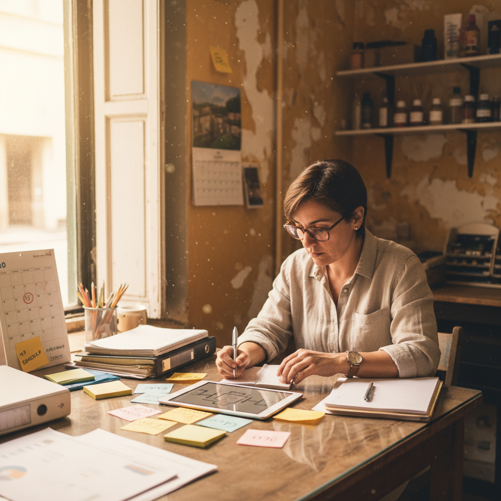 Dueño de pyme en Cordoba revisando estrategia digital, presencia online y prioridades de crecimiento con materiales de trabajo sobre una mesa