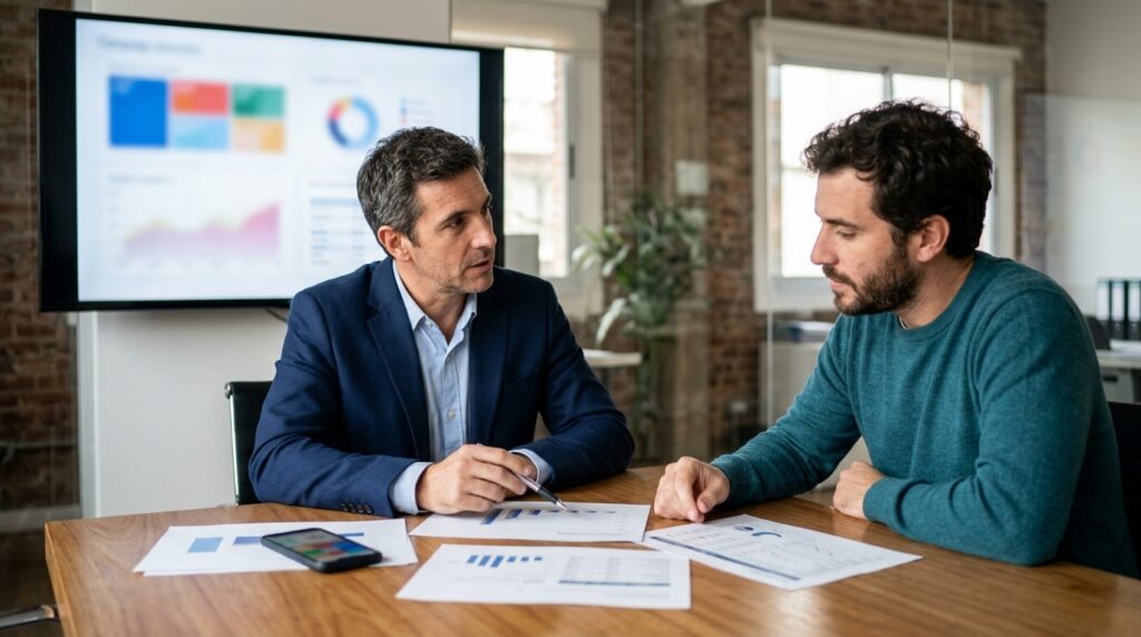Responsable comercial y estratega de marketing revisando indicadores de rendimiento, ROI y conversion en una reunion de trabajo
