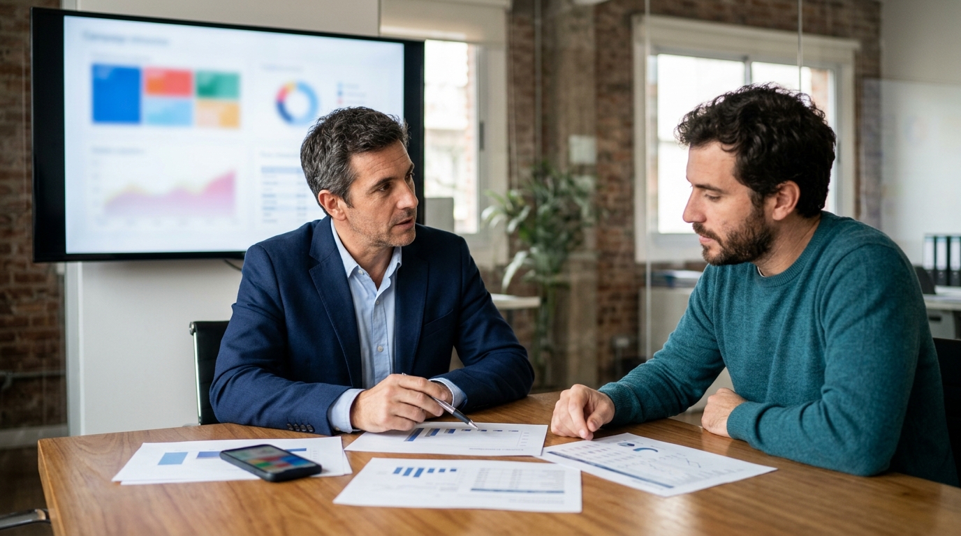 Responsable comercial y estratega de marketing revisando indicadores de rendimiento, ROI y conversion en una reunion de trabajo