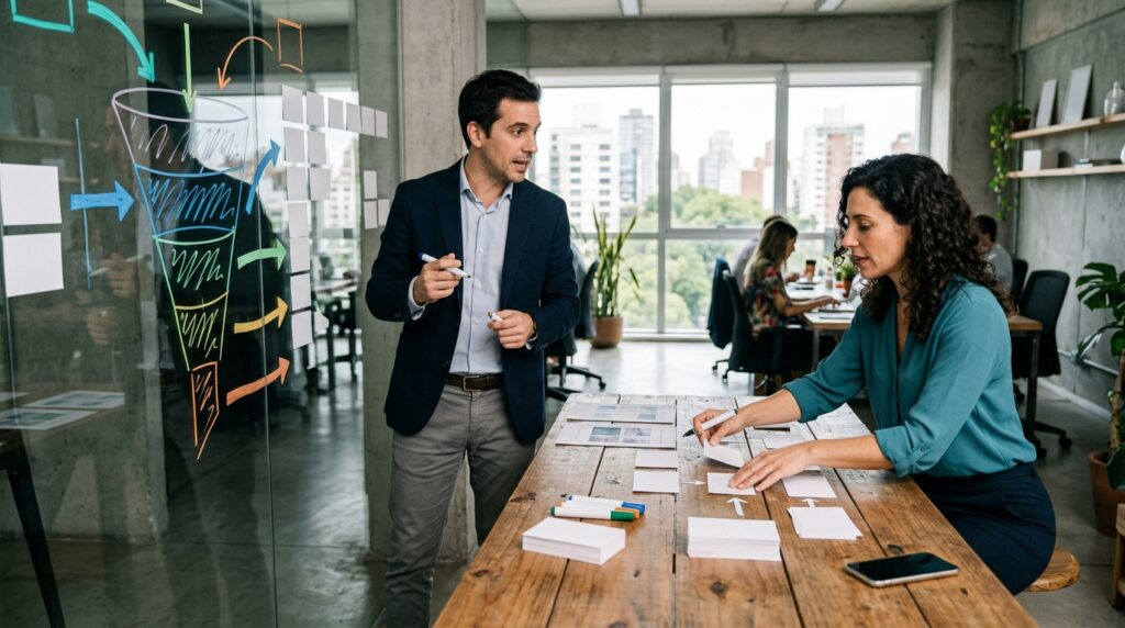 Equipo comercial organizando un embudo de ventas digital con etapas de captacion, seguimiento y cierre en una oficina