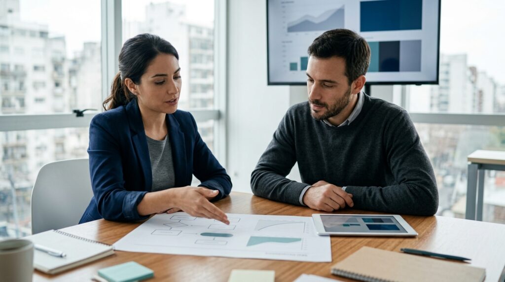 Especialistas revisando el rendimiento SEO de un sitio web con reportes tecnicos y analisis de posicionamiento en una mesa de trabajo