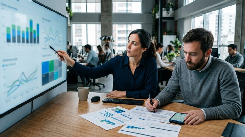 Especialistas revisando campañas de Google Ads con reportes de rendimiento y analisis de conversion en una oficina