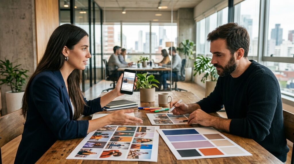 Equipo de marketing revisando campañas de Meta Ads, creatividades y conversiones en una reunion de trabajo