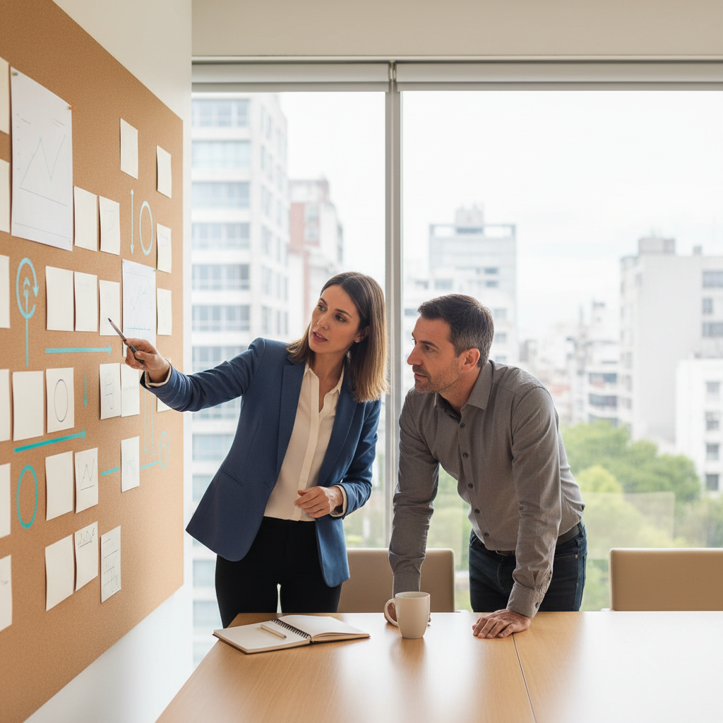 Equipo analizando un roadmap de marketing digital con prioridades, presupuesto y seguimiento en una reunion de estrategia