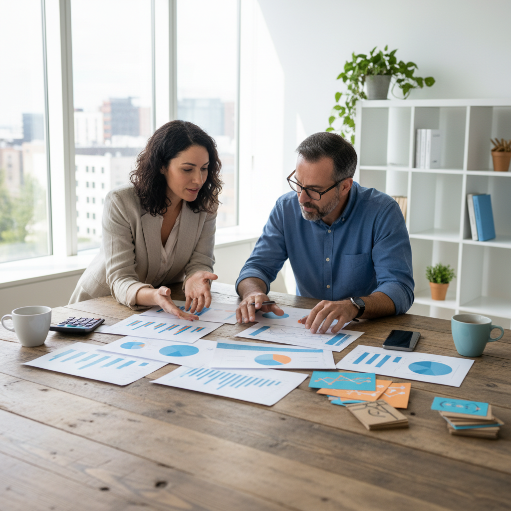 Especialista y cliente comparando canales de publicidad digital con reportes, presupuesto y prioridades comerciales sobre una mesa de trabajo