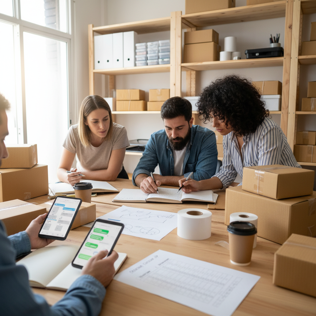 Equipo revisando un flujo de ventas online con pedidos, mensajes y seguimiento comercial en un espacio de trabajo