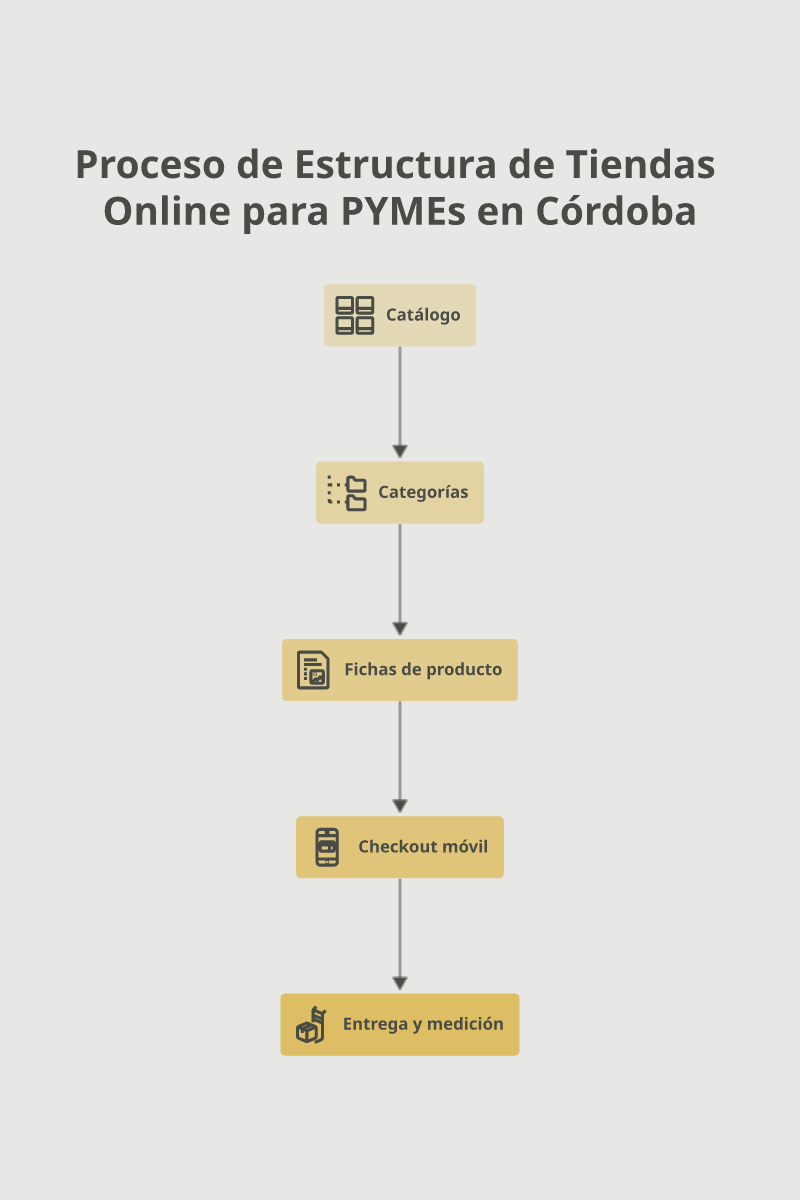 Infografía: recorrido de una tienda online desde el catálogo hasta el checkout y la medición.
