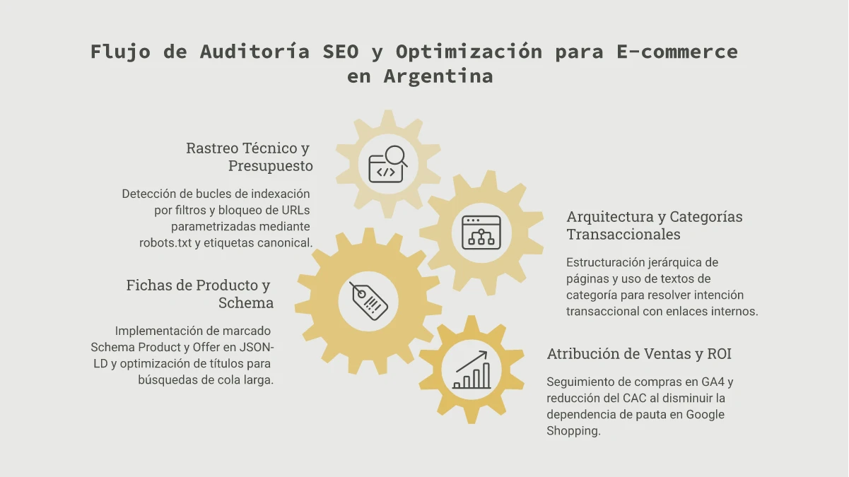 Infografía sobre auditoría SEO para tiendas online e-commerce en Argentina, Tiendanube y WooCommerce